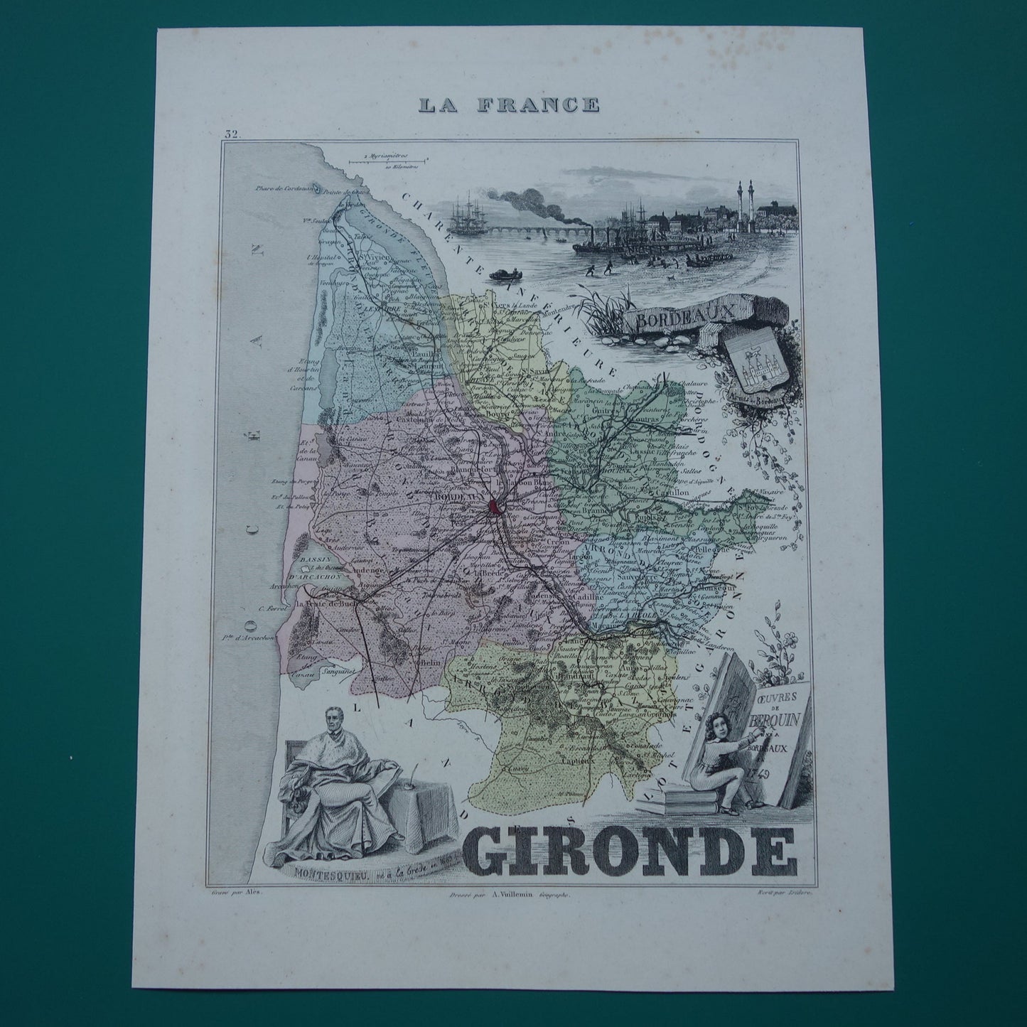 GIRONDE Frankrijk Oude kaart uit 1870 originele antieke handgekleurde landkaart Bordeaux