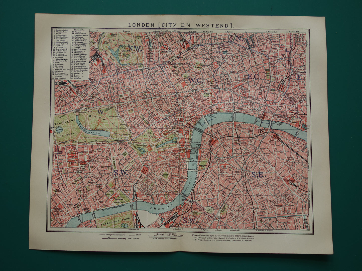 LONDEN oude plattegrond uit 1919 originele Nederlandse antieke kaart van centrum Londen City Westend