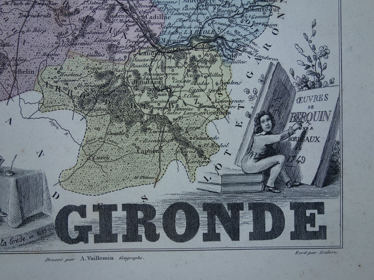 GIRONDE Frankrijk Oude kaart uit 1870 originele antieke handgekleurde landkaart Bordeaux