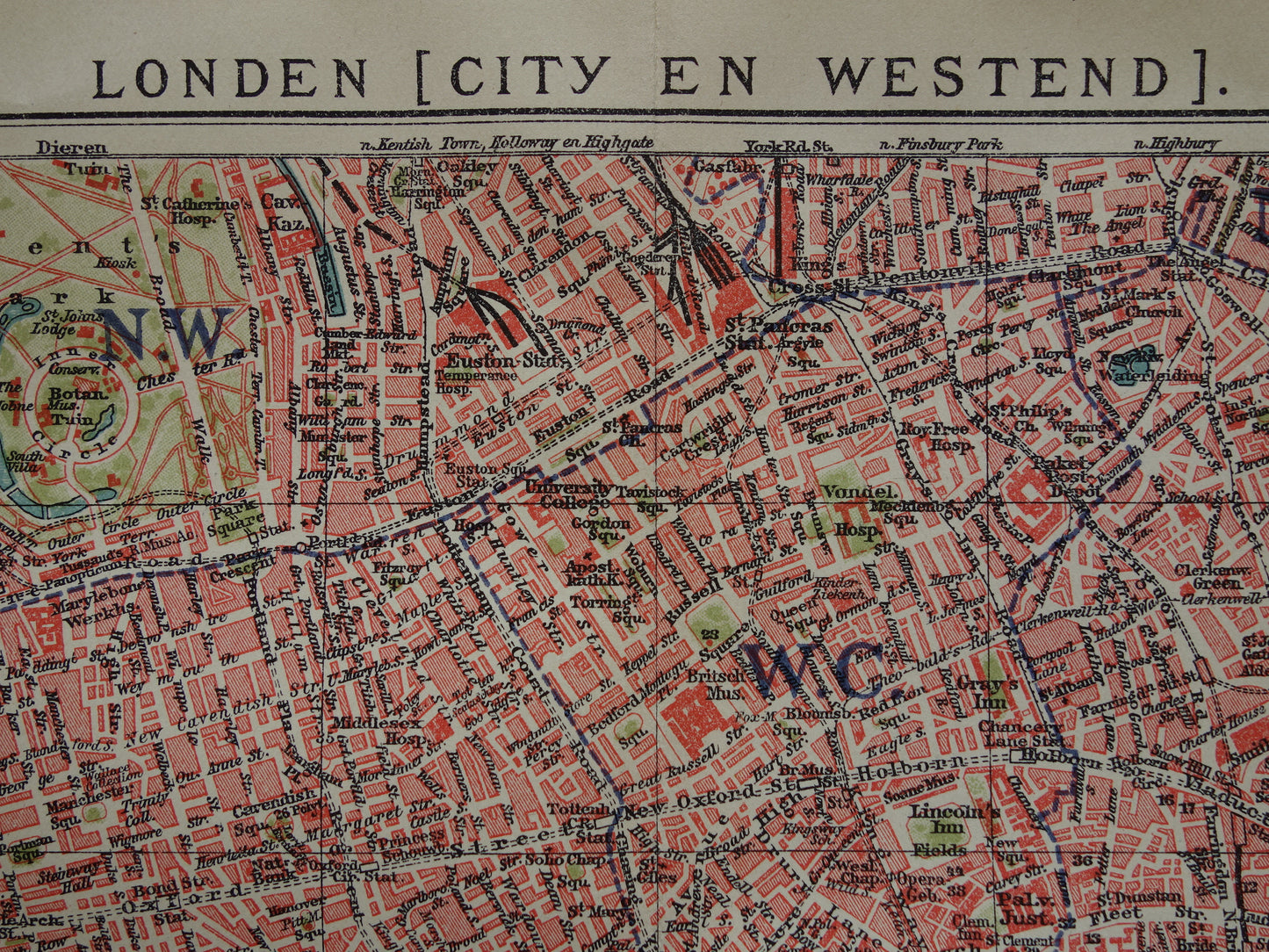 LONDEN oude plattegrond uit 1919 originele Nederlandse antieke kaart van centrum Londen City Westend