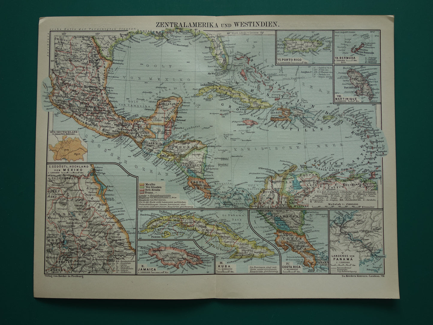Caraïben Oude landkaart van Midden-Amerika uit 1921 originele vintage kaart Panama Antillen Caribisch / Caraïbisch gebied