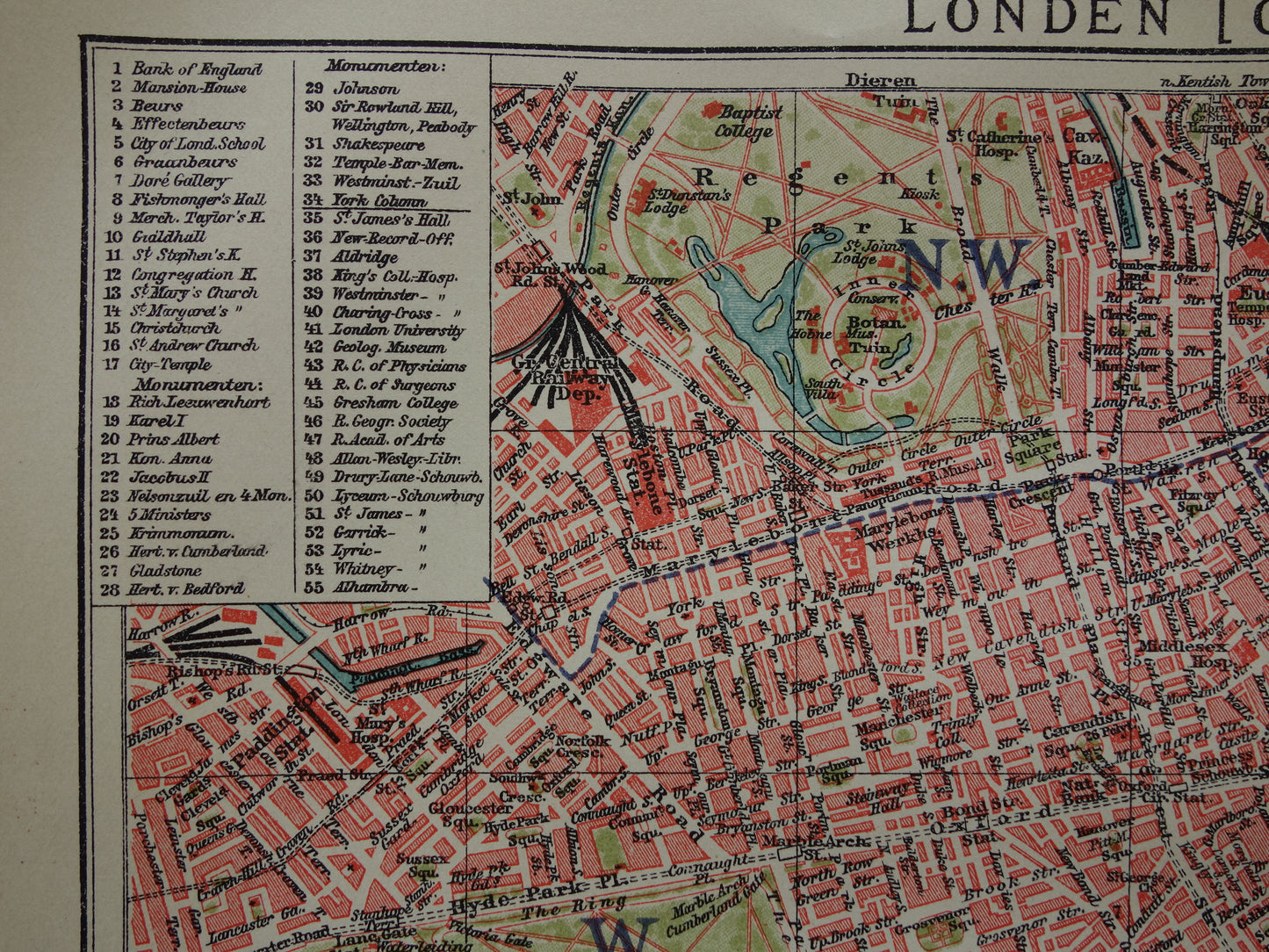 LONDEN oude plattegrond uit 1919 originele Nederlandse antieke kaart van centrum Londen City Westend