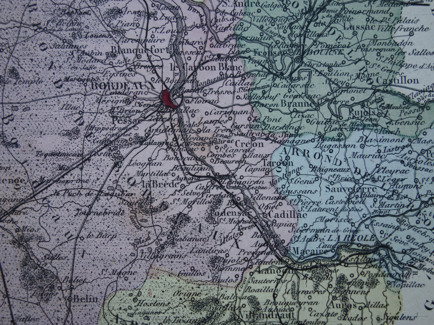 GIRONDE Frankrijk Oude kaart uit 1870 originele antieke handgekleurde landkaart Bordeaux