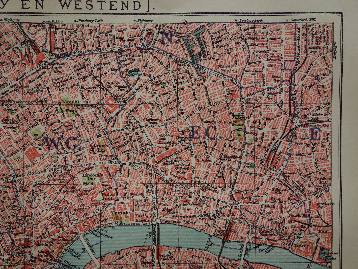 LONDEN oude plattegrond uit 1919 originele Nederlandse antieke kaart van centrum Londen City Westend