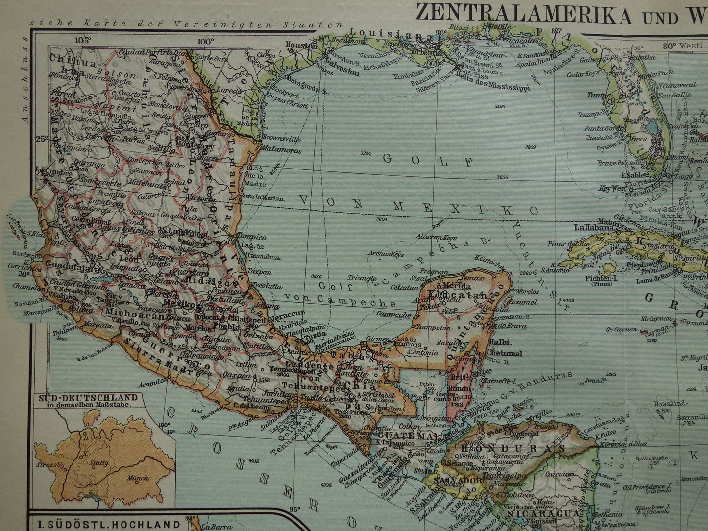 Caraïben Oude landkaart van Midden-Amerika uit 1921 originele vintage kaart Panama Antillen Caribisch / Caraïbisch gebied
