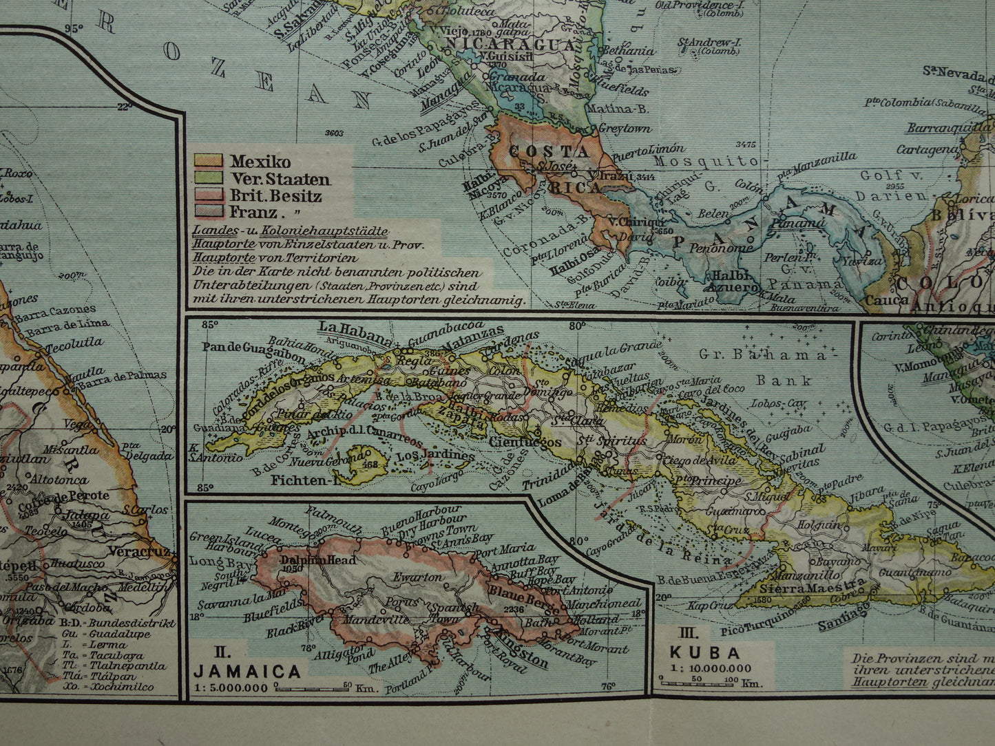 Caraïben Oude landkaart van Midden-Amerika uit 1921 originele vintage kaart Panama Antillen Caribisch / Caraïbisch gebied