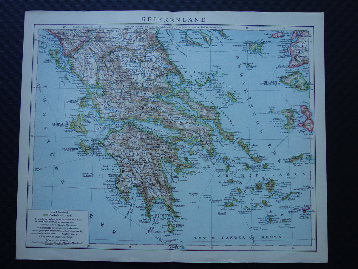 Alte Karte von Griechenland aus dem Jahr 1917. Originale antike niederländische Karte.