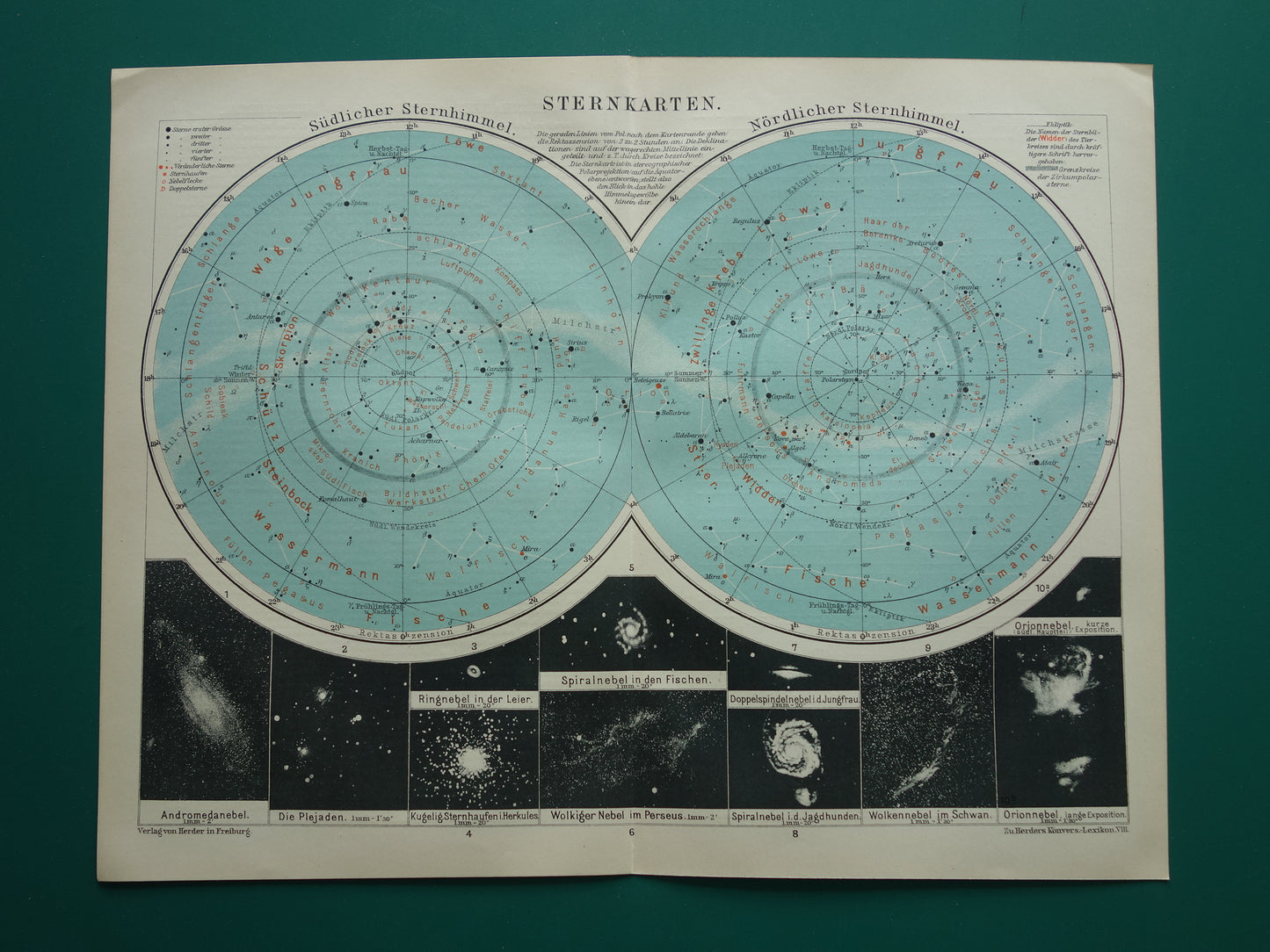 1921 oude kaart van de sterrenhemel antieke astronomie prent noordelijke en zuidelijke hemel vintage print