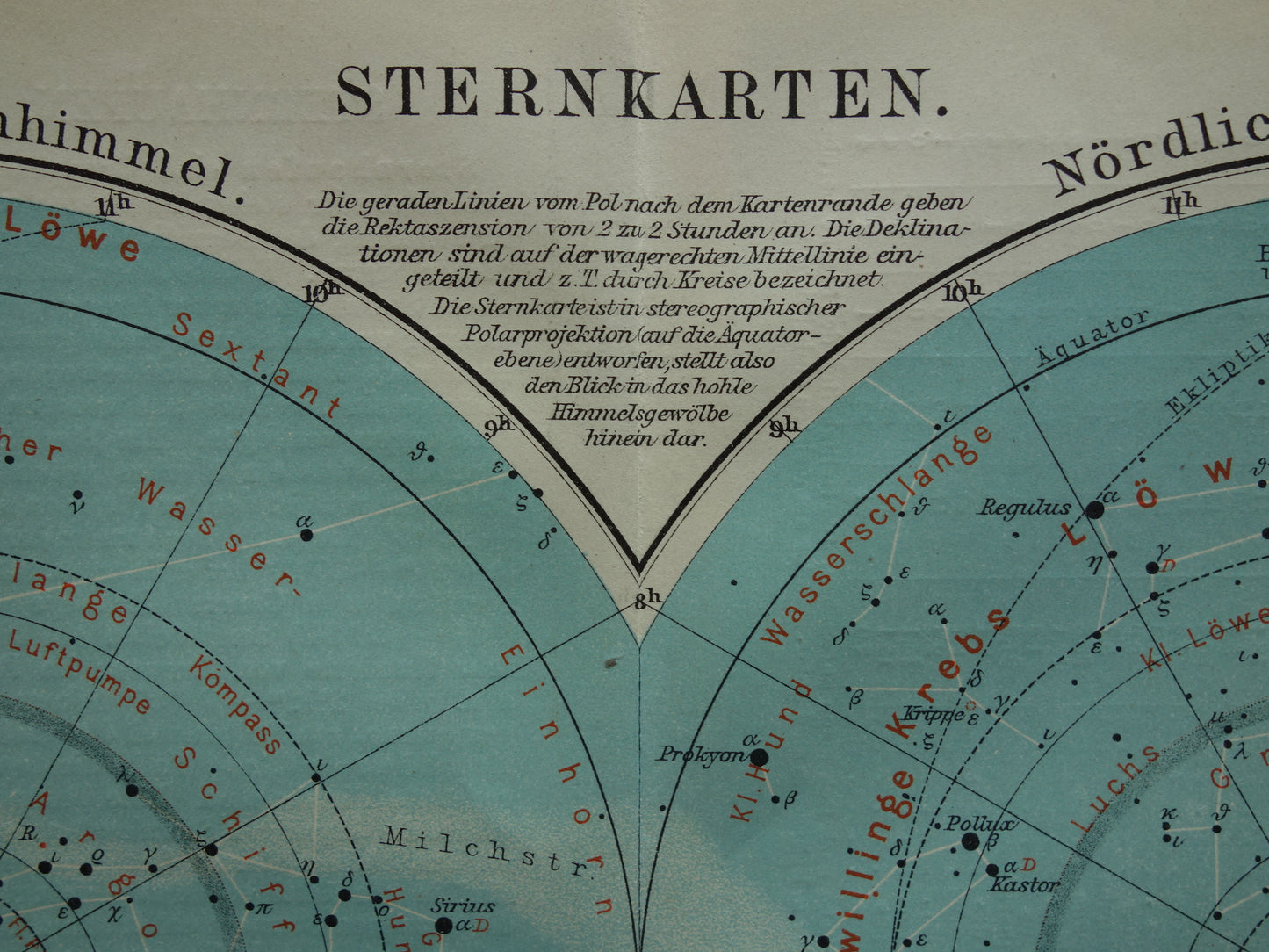 1921 oude kaart van de sterrenhemel antieke astronomie prent noordelijke en zuidelijke hemel vintage print
