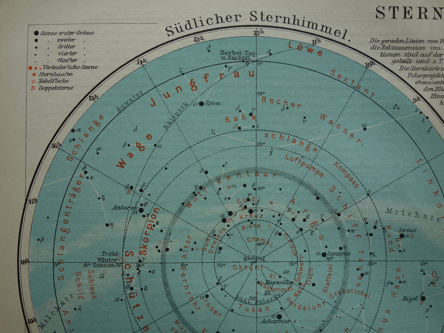 1921 oude kaart van de sterrenhemel antieke astronomie prent noordelijke en zuidelijke hemel vintage print