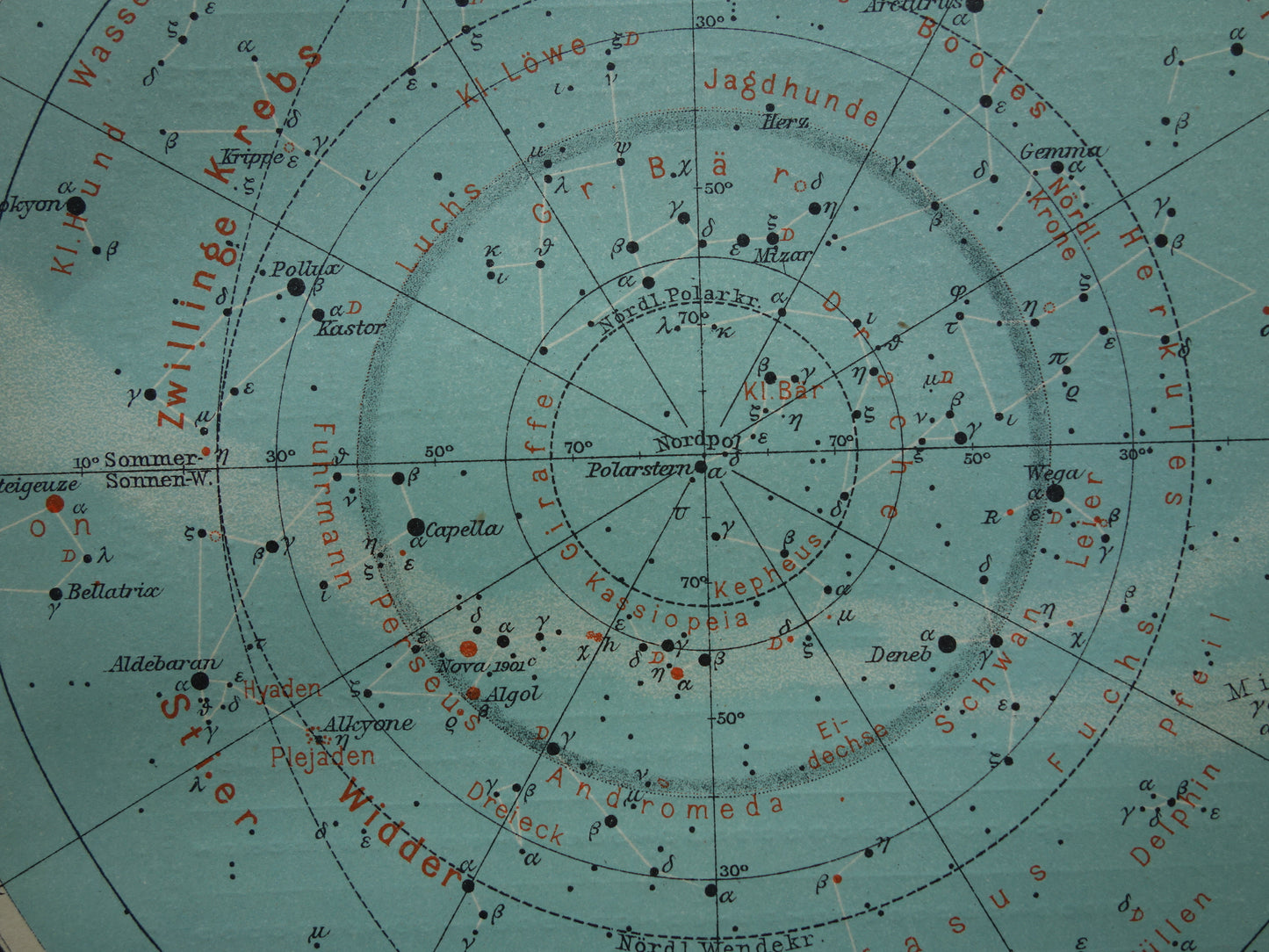 1921 oude kaart van de sterrenhemel antieke astronomie prent noordelijke en zuidelijke hemel vintage print
