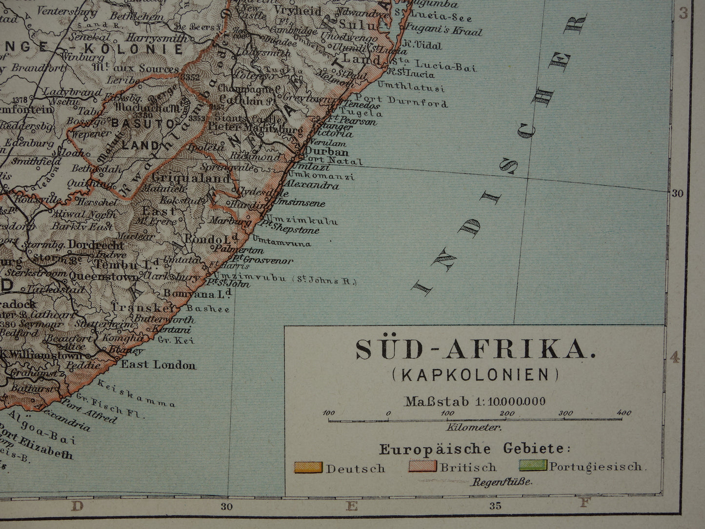 Landkaart van Zuid-Afrika uit 1905 originele antieke Duitse kaart van Kaapkolonie Natal