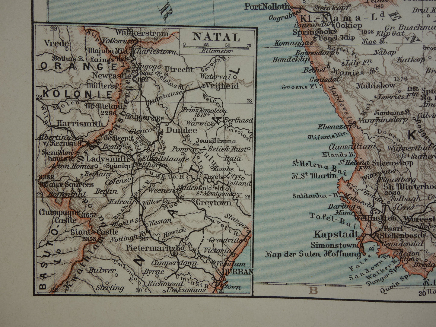 Landkaart van Zuid-Afrika uit 1905 originele antieke Duitse kaart van Kaapkolonie Natal