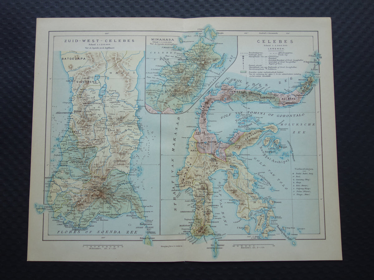 Sulawesi oude kaart van Celebes Indonesië 1915 originele antieke Nederlandse landkaart historische kaarten Minahassa Makassar