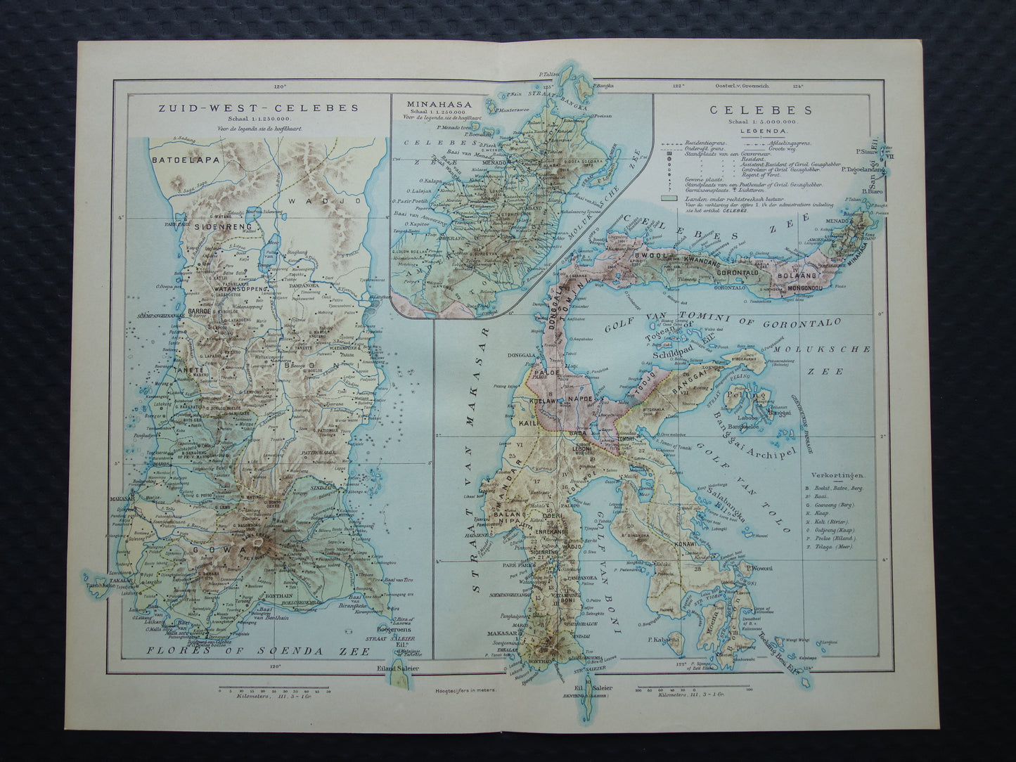 Sulawesi oude kaart van Celebes Indonesië 1915 originele antieke Nederlandse landkaart historische kaarten Minahassa Makassar