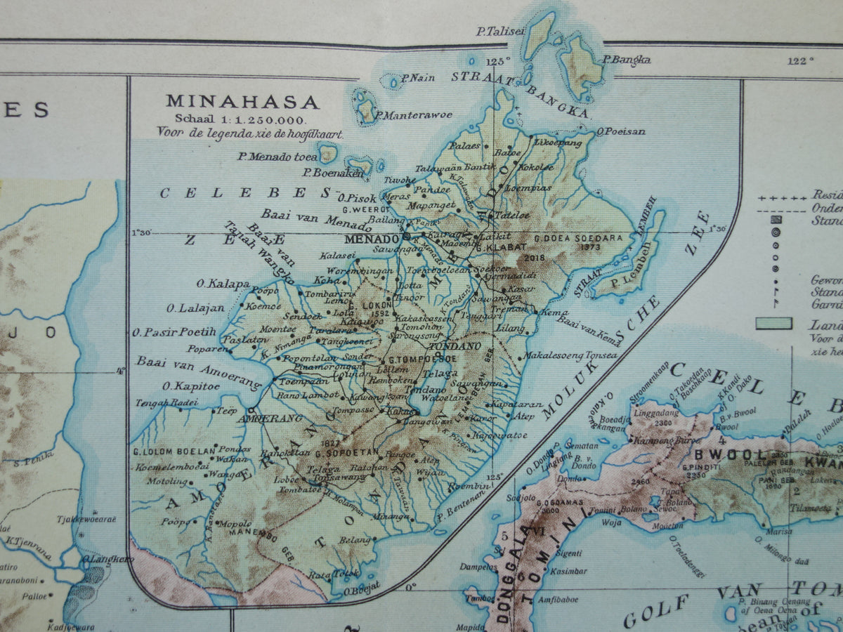 Sulawesi oude kaart van Celebes Indonesië 1915 originele antieke Nederlandse landkaart historische kaarten Minahassa Makassar