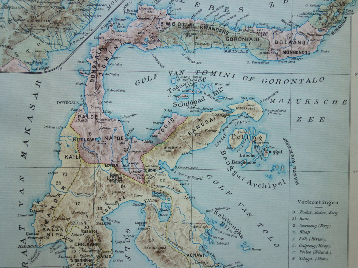 Sulawesi oude kaart van Celebes Indonesië 1915 originele antieke Nederlandse landkaart historische kaarten Minahassa Makassar