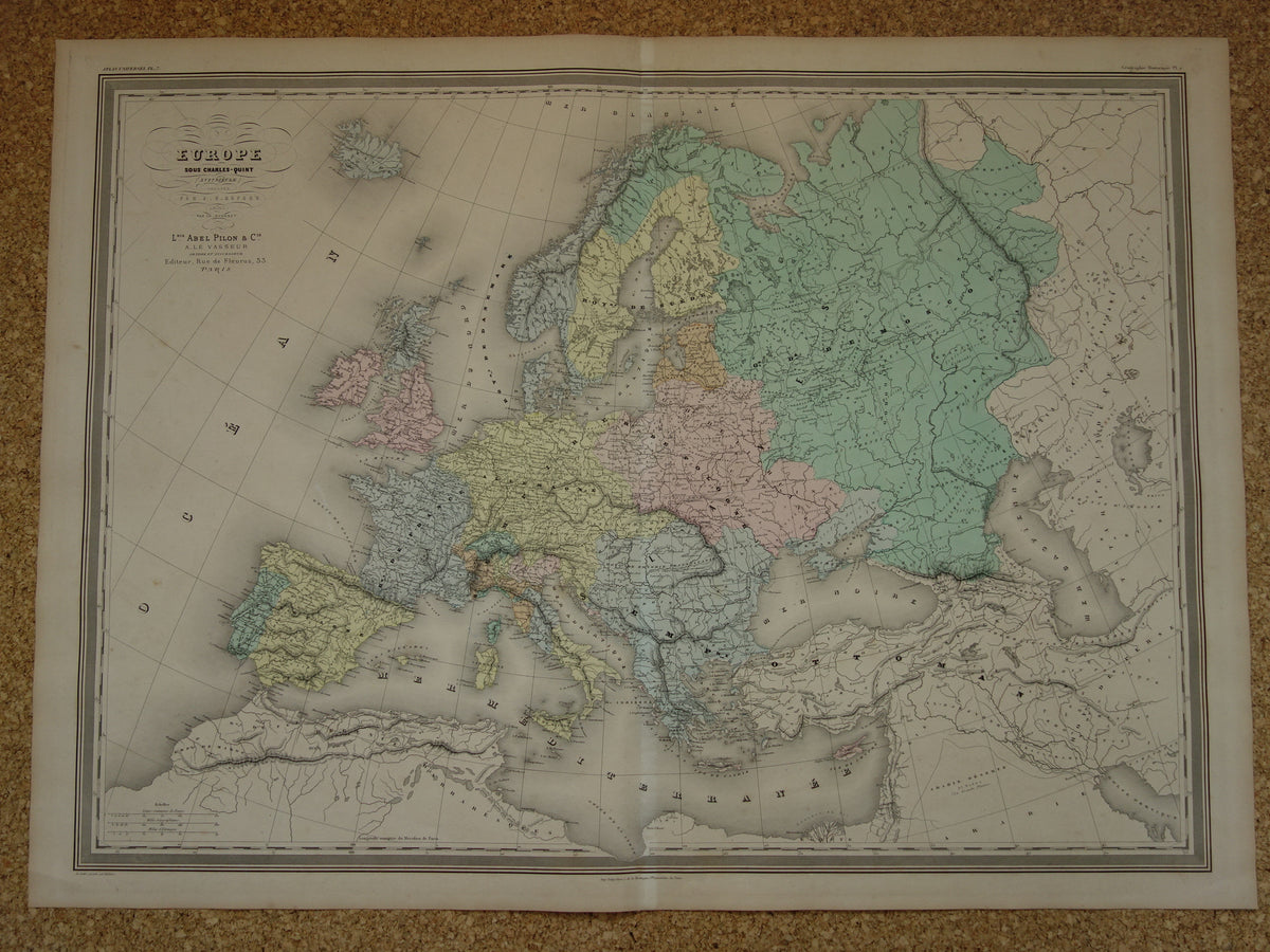 Kaart van Europa tijdens Keizer Karel de Vijfde Antieke landkaart Europees continent 16e eeuw vintage kaarten