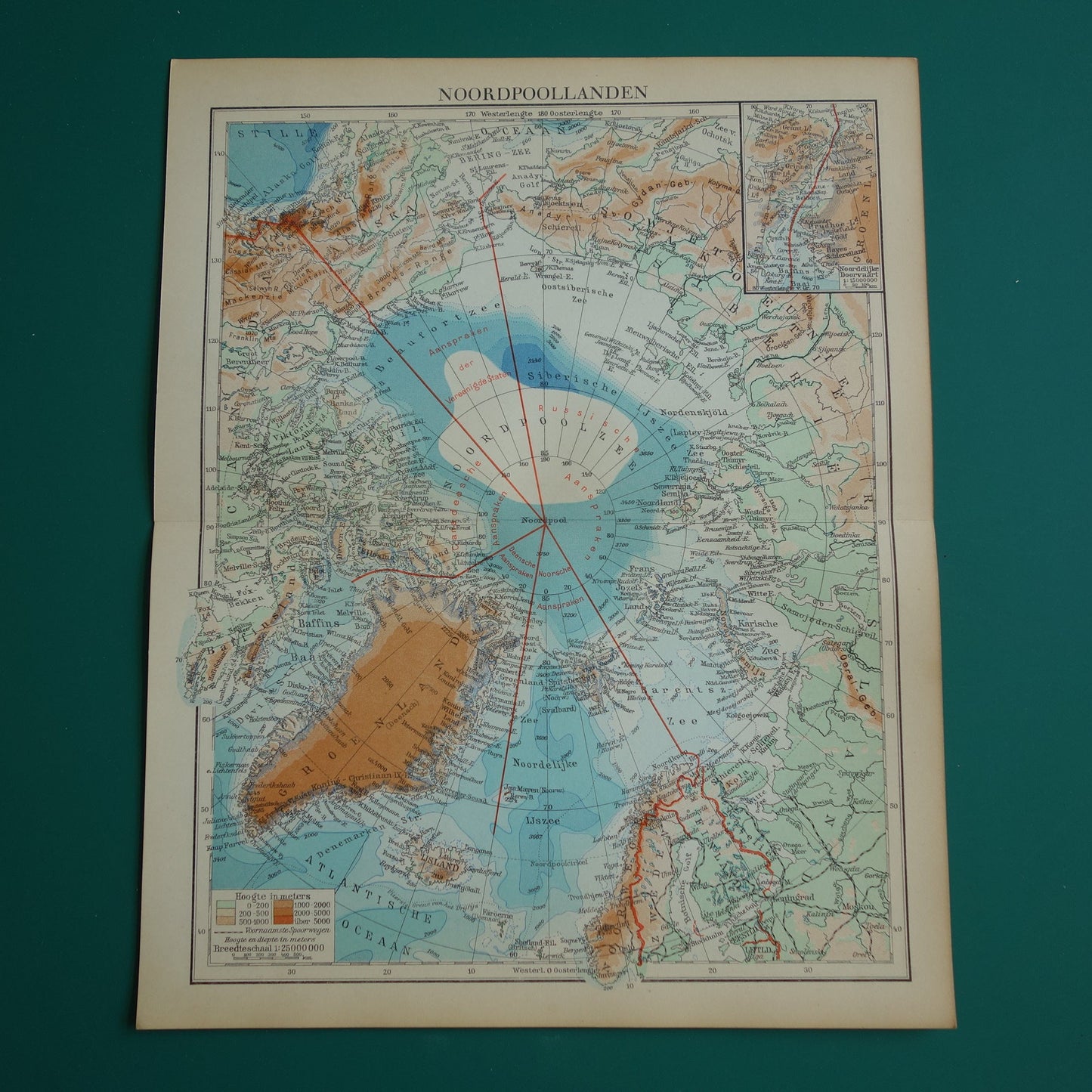 Oude kaart van de Noordpool uit 1937 originele antieke Nederlandse landkaart Aanspraken Noordpoolgebied