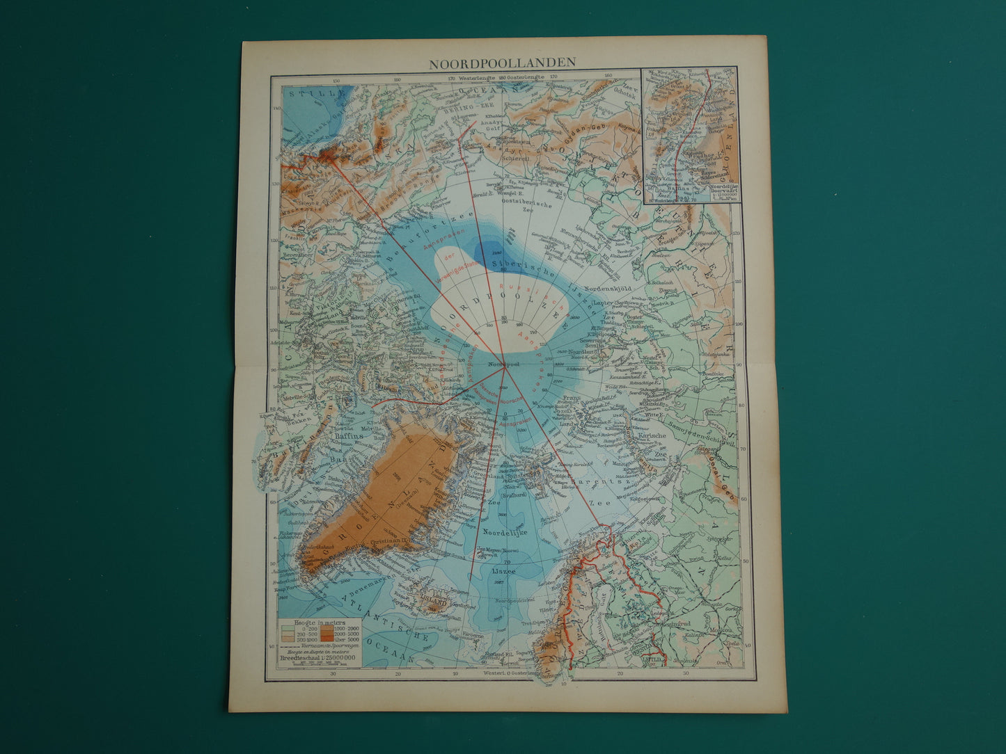 Oude kaart van de Noordpool uit 1937 originele antieke Nederlandse landkaart Aanspraken Noordpoolgebied