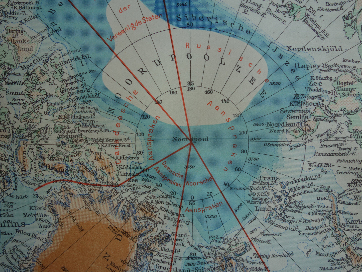 Oude kaart van de Noordpool uit 1937 originele antieke Nederlandse landkaart Aanspraken Noordpoolgebied