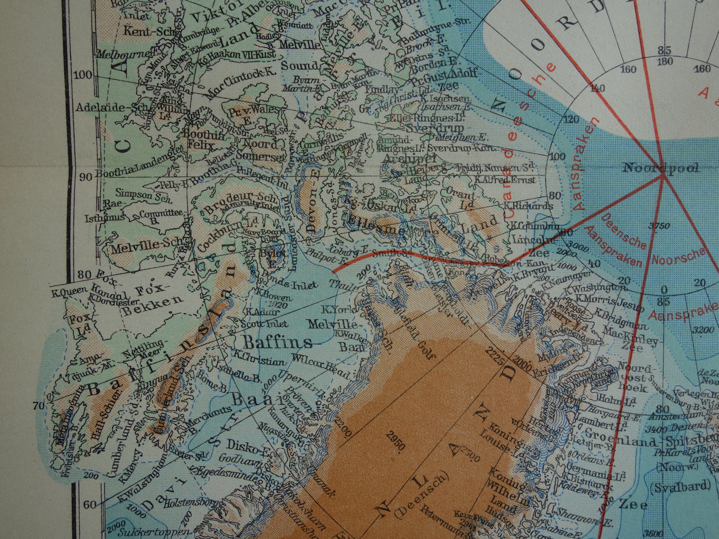 Oude kaart van de Noordpool uit 1937 originele antieke Nederlandse landkaart Aanspraken Noordpoolgebied