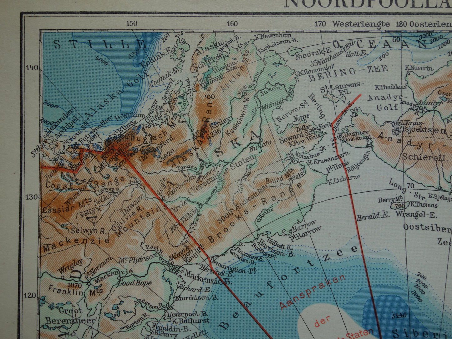 Oude kaart van de Noordpool uit 1937 originele antieke Nederlandse landkaart Aanspraken Noordpoolgebied