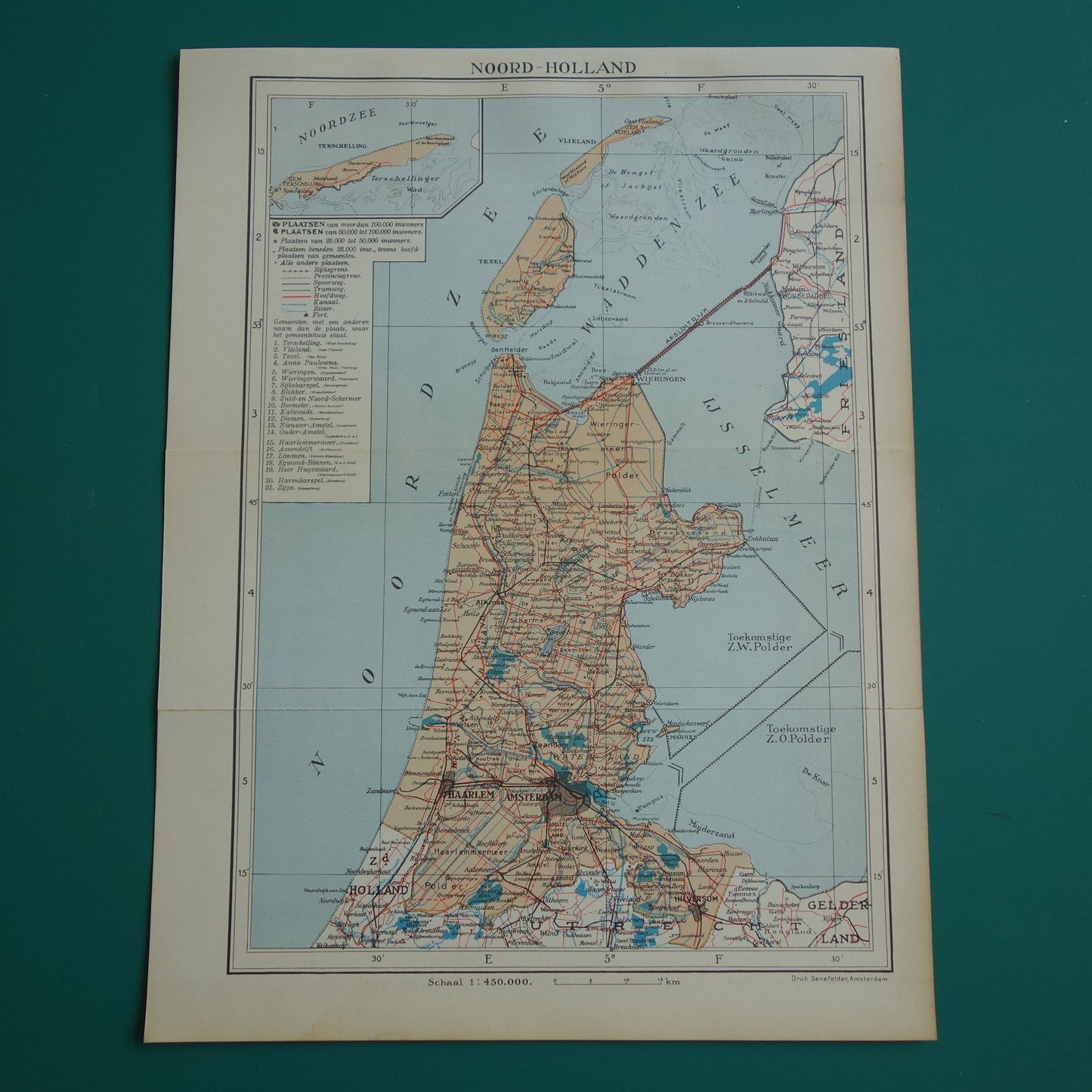 Oude kaart van de provincie Noord-Holland uit 1937 originele vintage landkaart Amsterdam Markerwaard Zuidwestpolder Nederlandse landkaarten