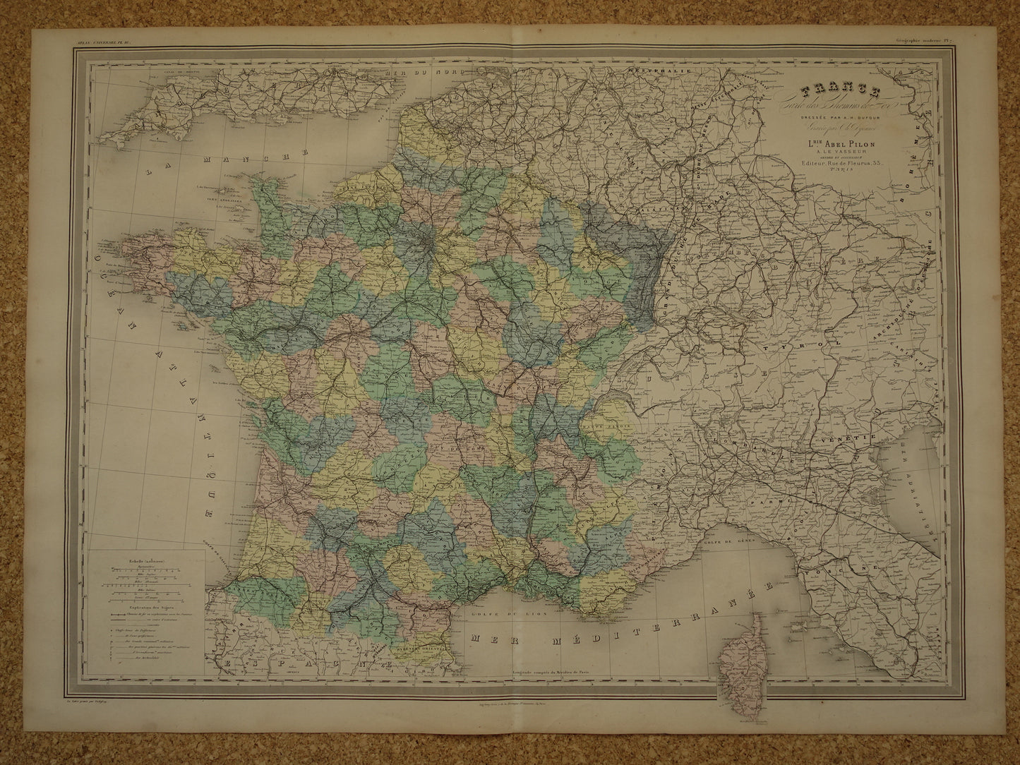 Oude landkaart van Frankrijk uit 1886 zeer grote antieke kaart Vintage handgekleurde kaarten
