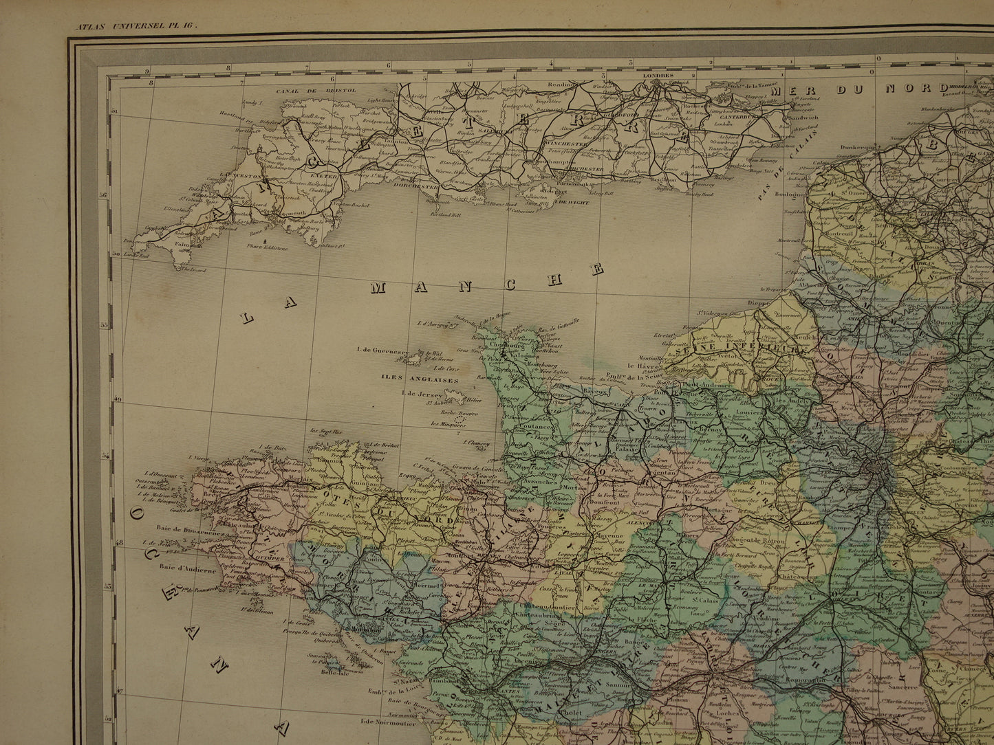 Oude landkaart van Frankrijk uit 1886 zeer grote antieke kaart Vintage handgekleurde kaarten