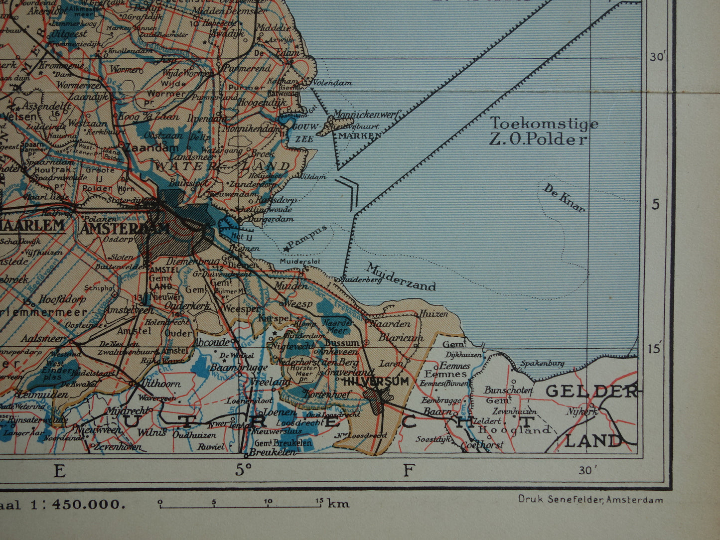 Oude kaart van de provincie Noord-Holland uit 1937 originele vintage landkaart Amsterdam Markerwaard Zuidwestpolder Nederlandse landkaarten