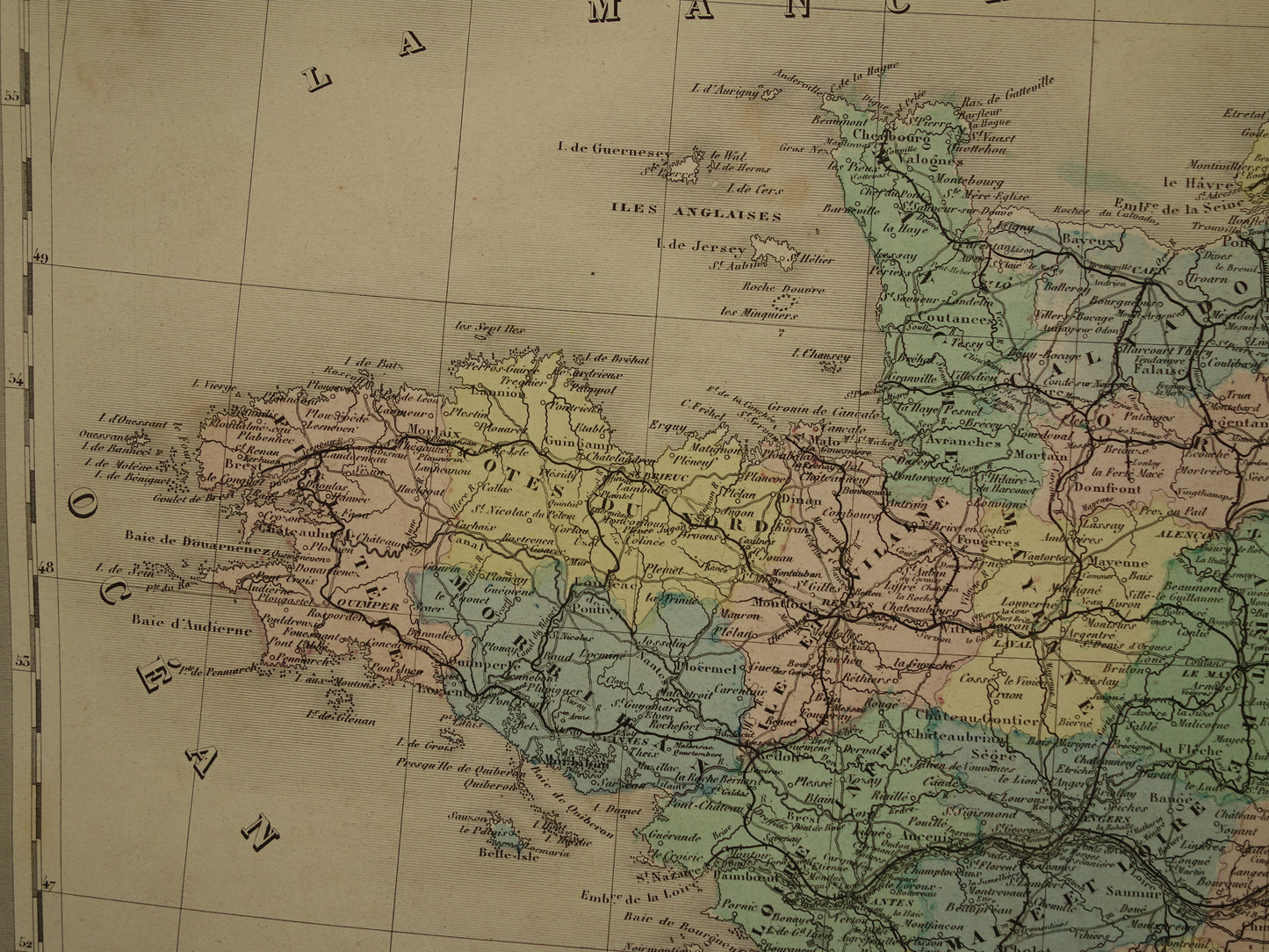 Oude landkaart van Frankrijk uit 1886 zeer grote antieke kaart Vintage handgekleurde kaarten