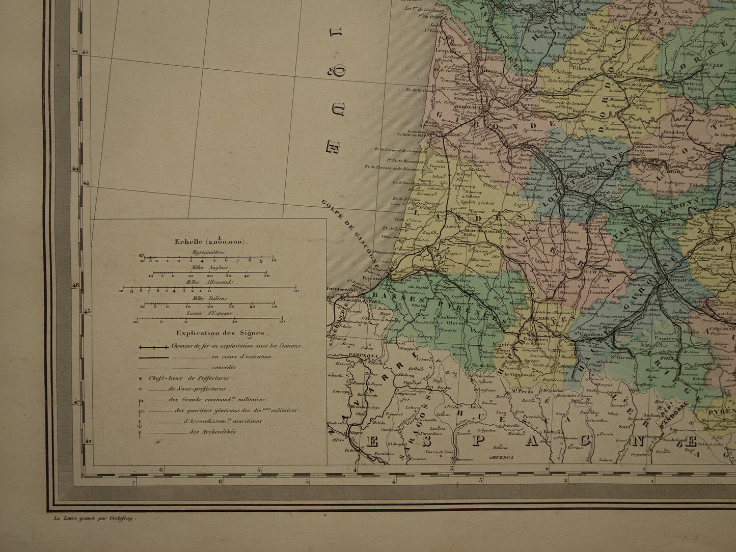 Oude landkaart van Frankrijk uit 1886 zeer grote antieke kaart Vintage handgekleurde kaarten