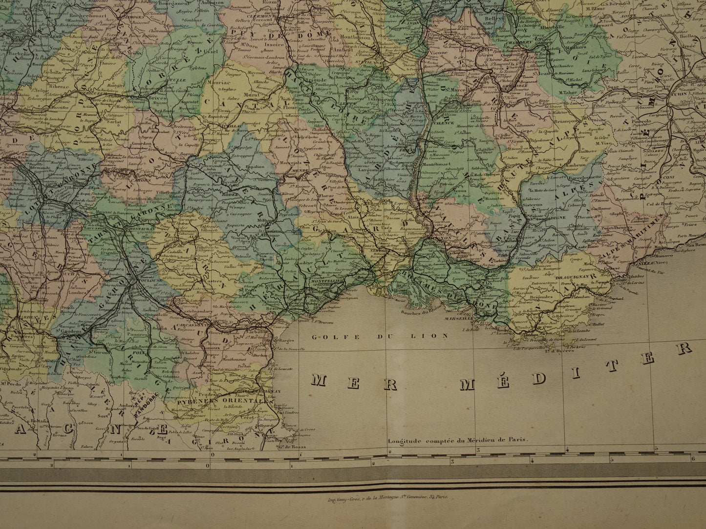 Oude landkaart van Frankrijk uit 1886 zeer grote antieke kaart Vintage handgekleurde kaarten