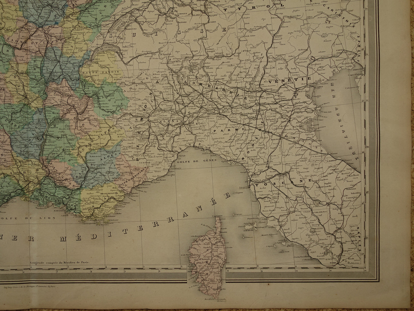 Oude landkaart van Frankrijk uit 1886 zeer grote antieke kaart Vintage handgekleurde kaarten