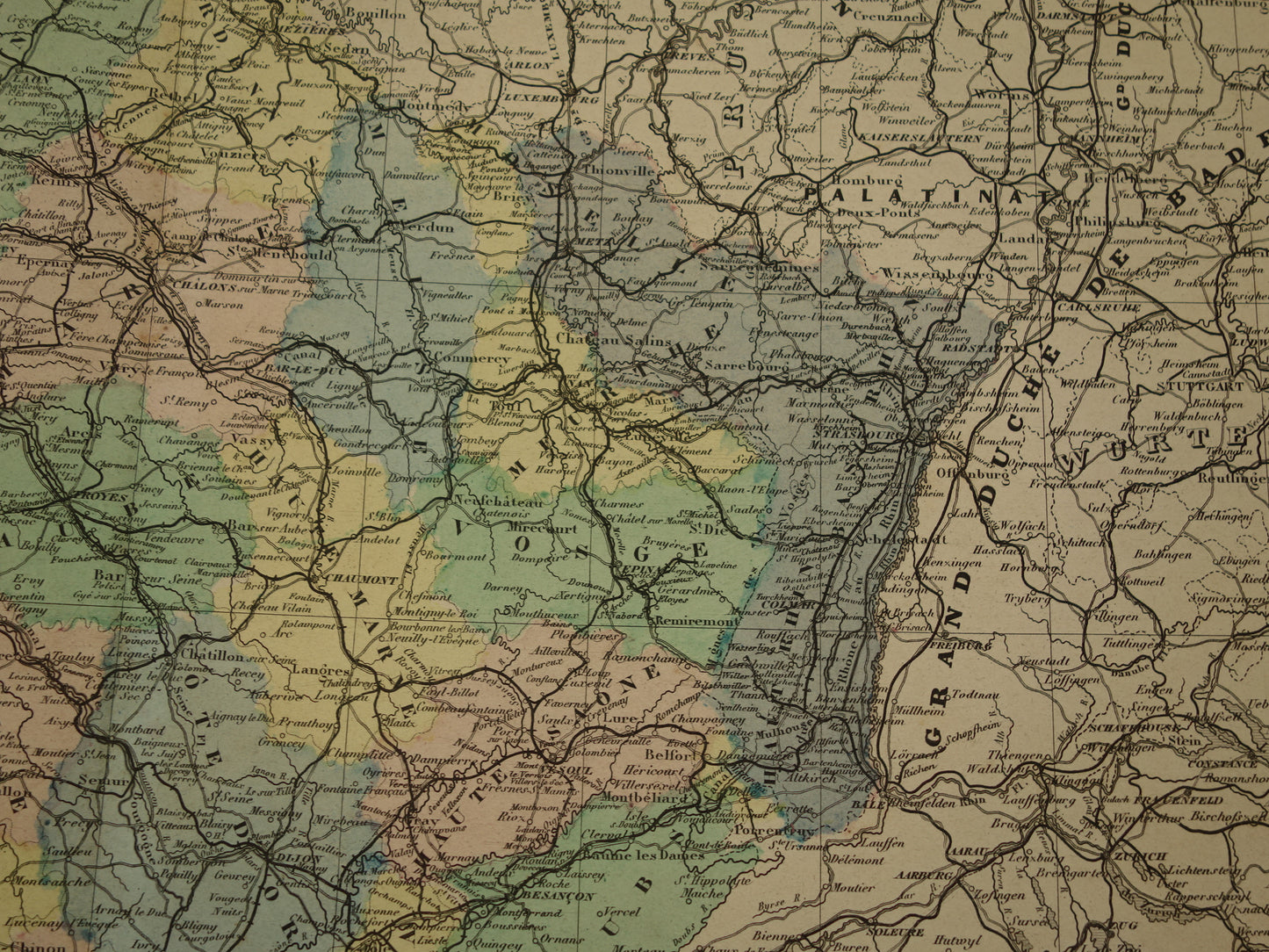 Oude landkaart van Frankrijk uit 1886 zeer grote antieke kaart Vintage handgekleurde kaarten