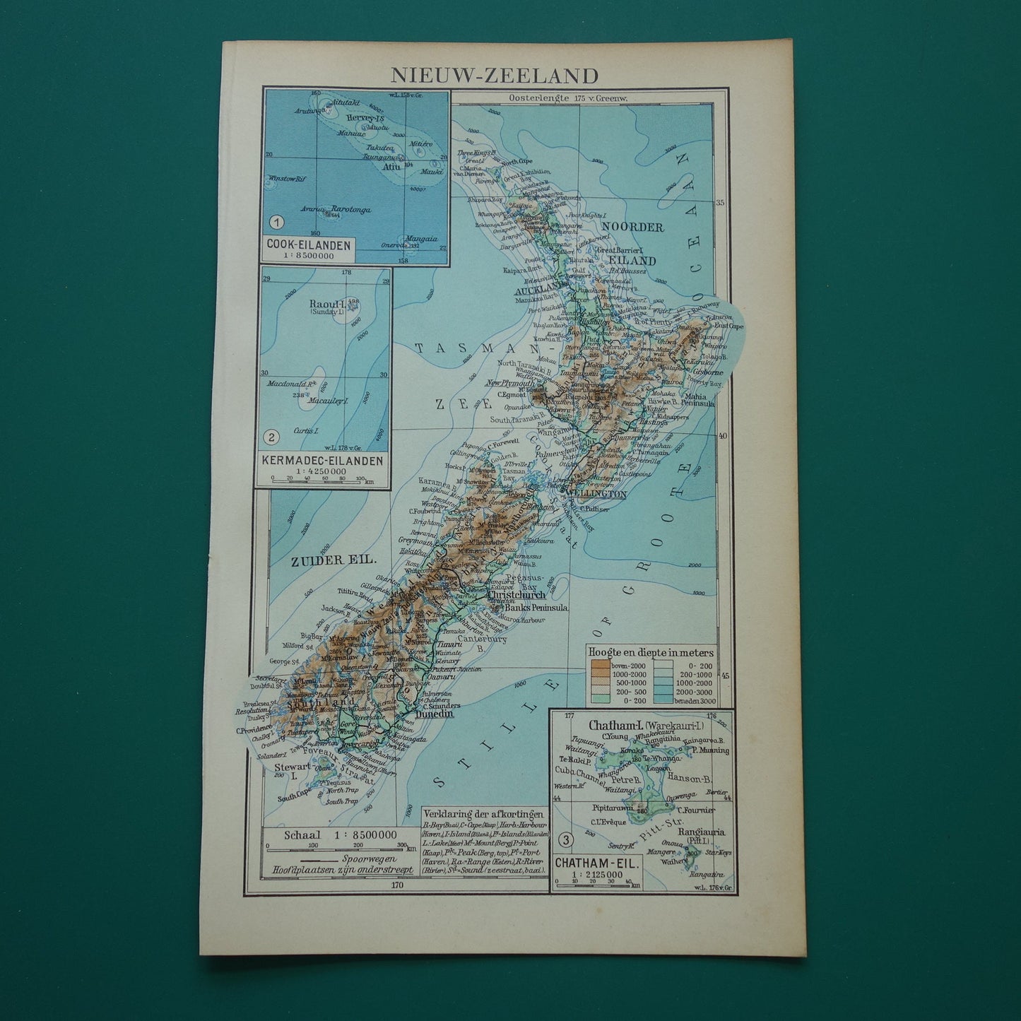 NIEUW-ZEELAND oude Nederlandse kaart uit 1937 kleine originele vintage kaart Nieuw-Zeeland