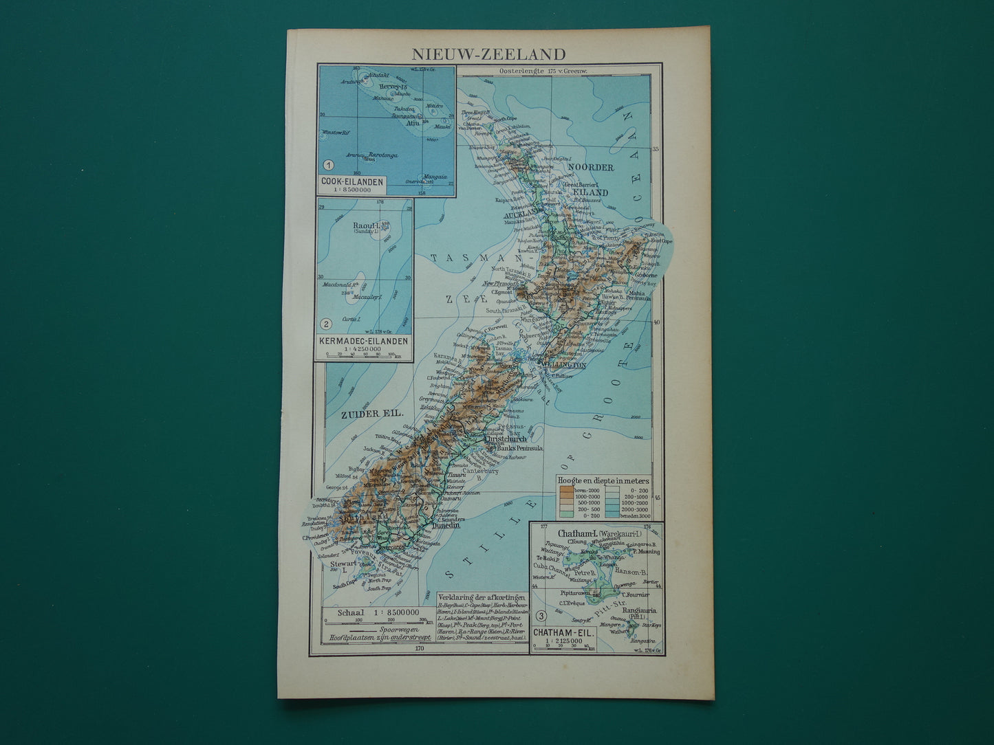 NIEUW-ZEELAND oude Nederlandse kaart uit 1937 kleine originele vintage kaart Nieuw-Zeeland