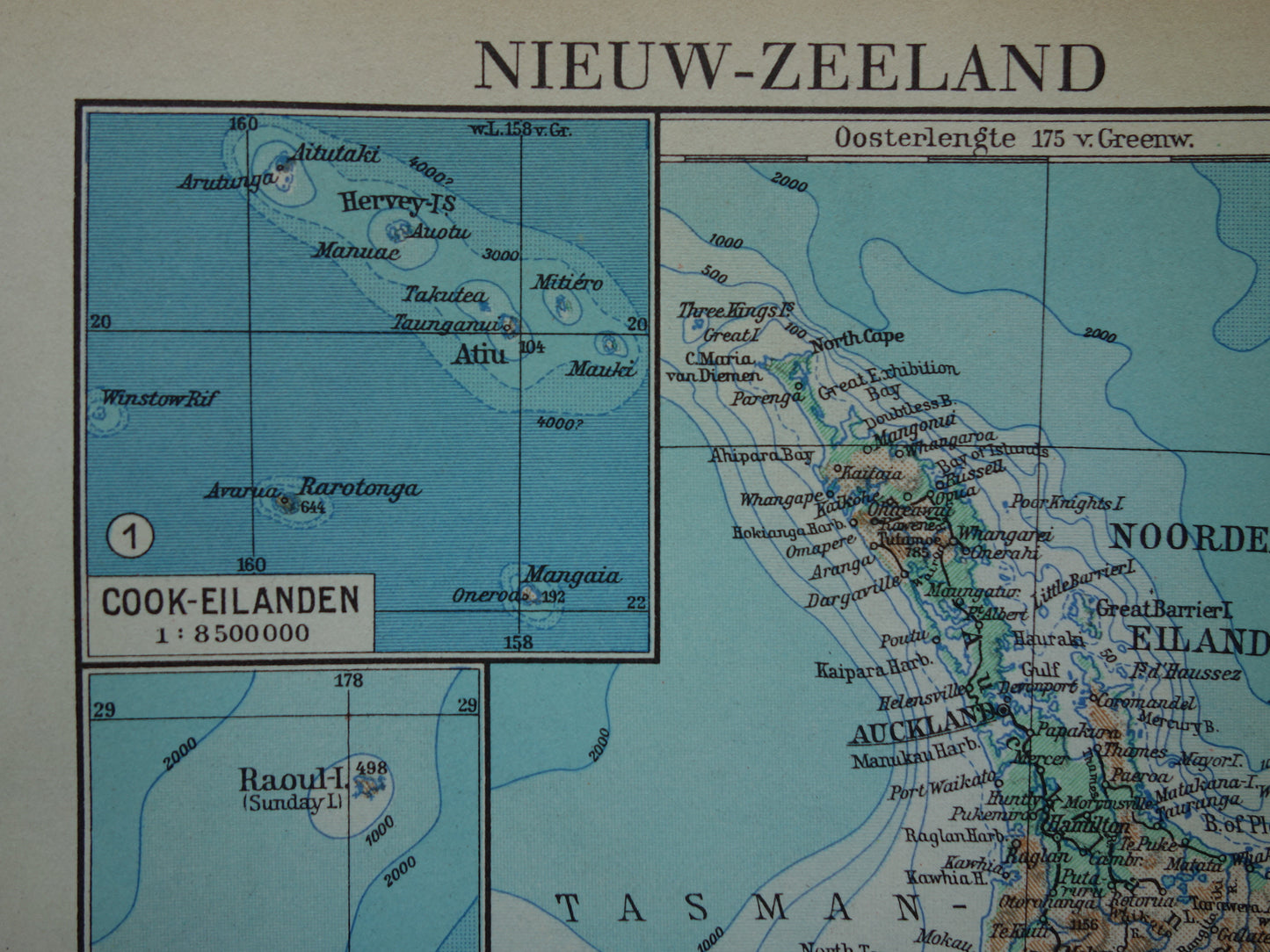 NIEUW-ZEELAND oude Nederlandse kaart uit 1937 kleine originele vintage kaart Nieuw-Zeeland