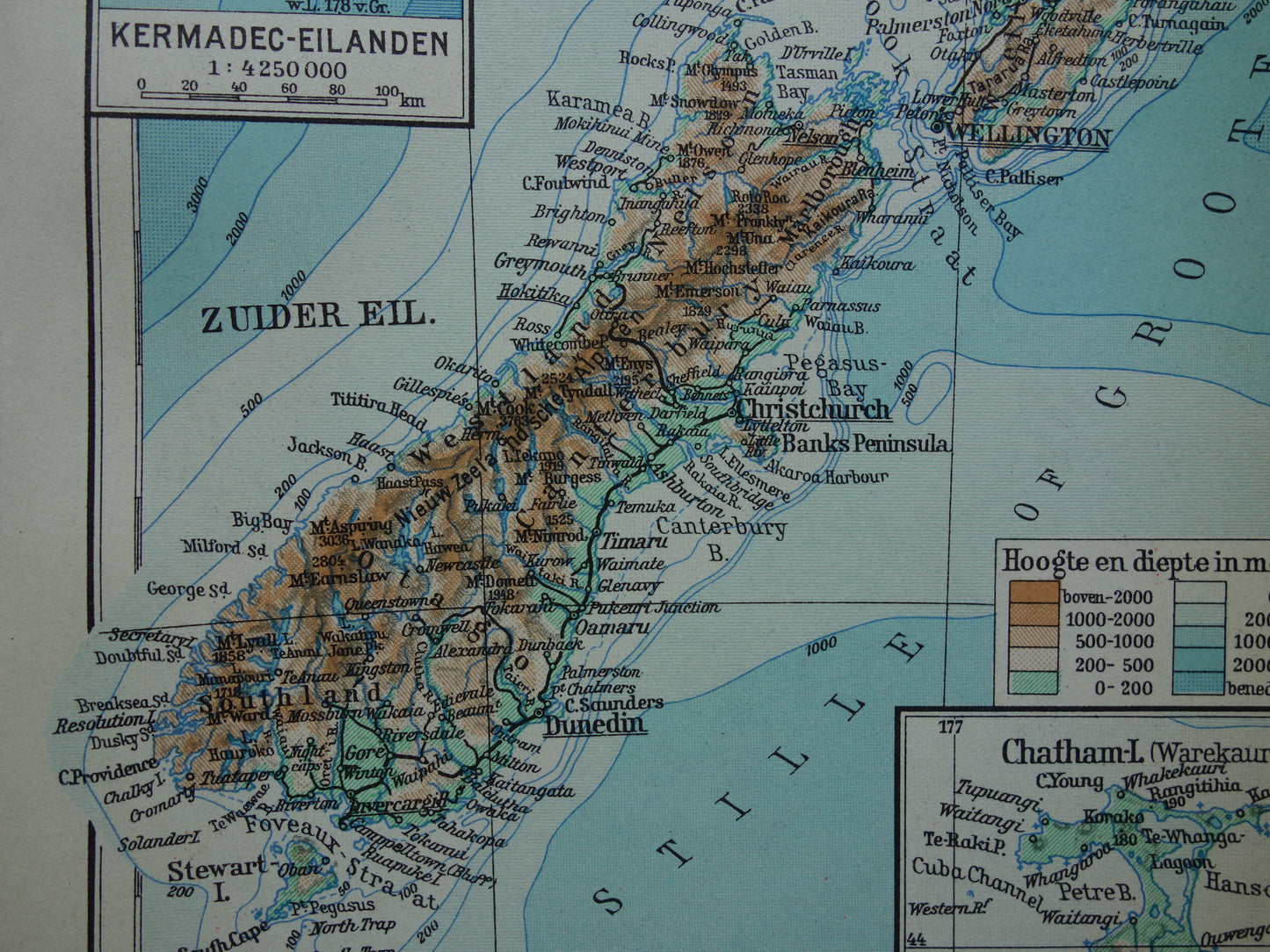 NIEUW-ZEELAND oude Nederlandse kaart uit 1937 kleine originele vintage kaart Nieuw-Zeeland