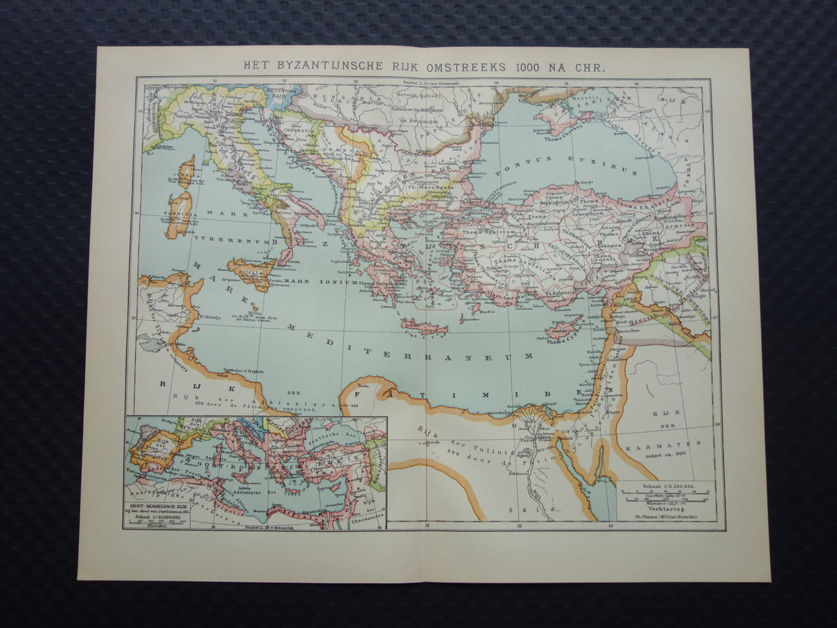 Byzantijnse Rijk oude landkaart van Oost Romeinse Rijk uit 1915 originele antieke Nederlandse kaart geschiedeniskaart