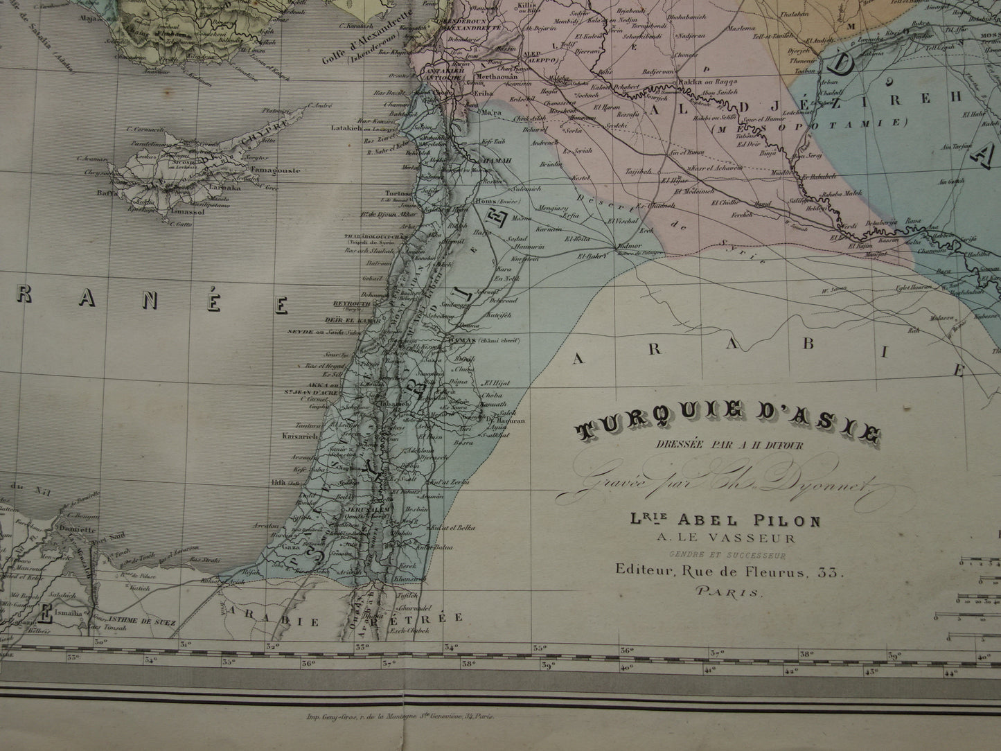 TURKIJE Grote oude landkaart uit 1880 van Asia Minor Turkse Rijk in Azië Mooie handgekleurde Franse antieke kaart