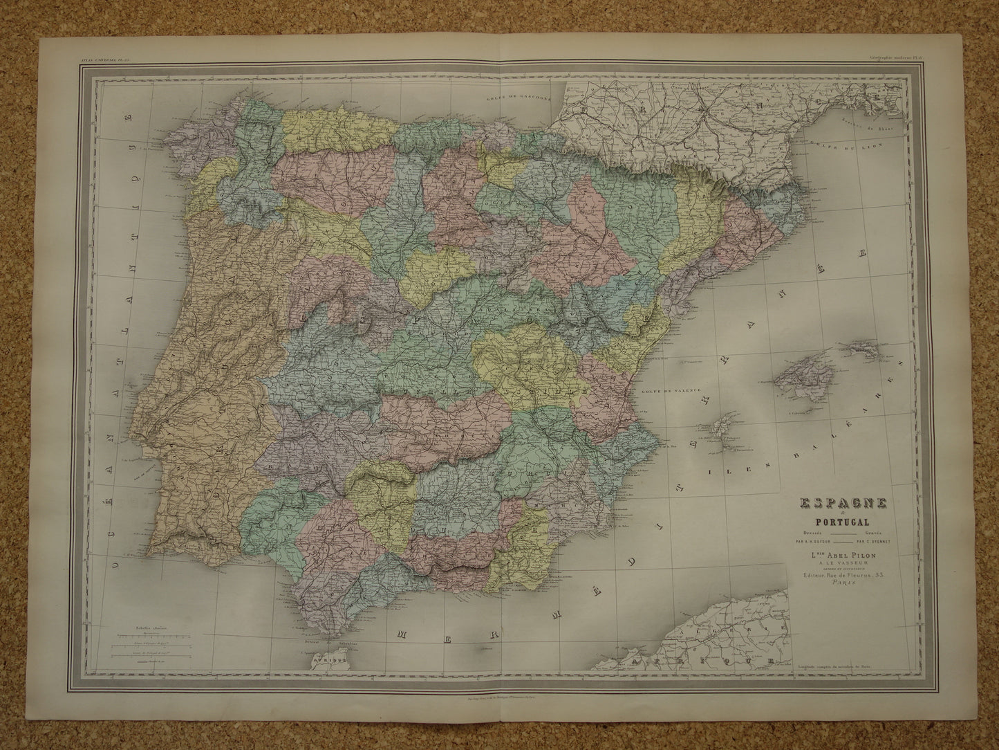 Spanje en Portugal Grote oude landkaart uit 1880 Mooie handgekleurde Franse antieke kaart