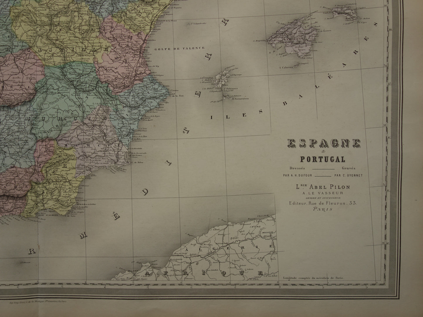 Spanje en Portugal Grote oude landkaart uit 1880 Mooie handgekleurde Franse antieke kaart