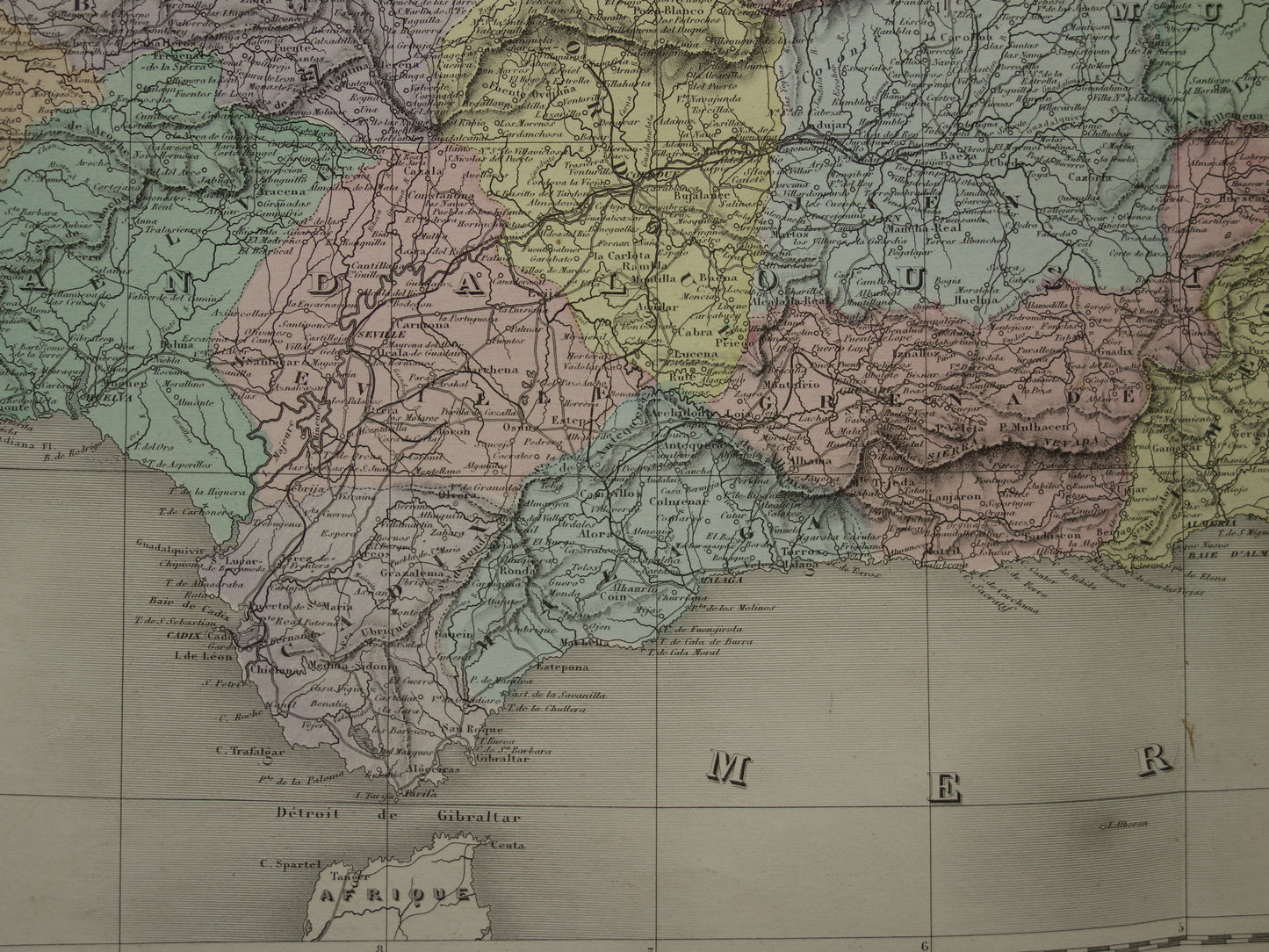 Spanje en Portugal Grote oude landkaart uit 1880 Mooie handgekleurde Franse antieke kaart