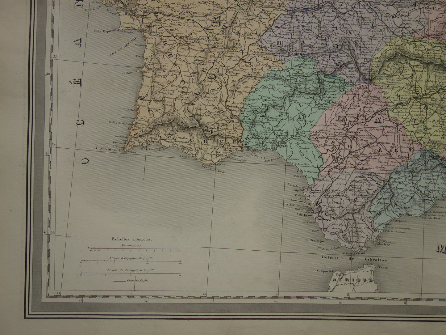 Spanje en Portugal Grote oude landkaart uit 1880 Mooie handgekleurde Franse antieke kaart