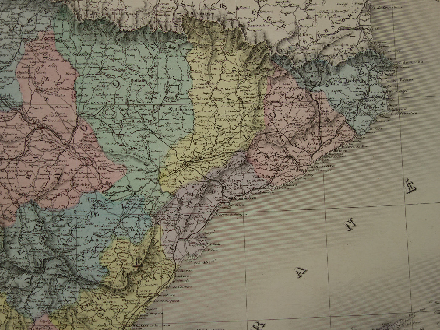 Spanje en Portugal Grote oude landkaart uit 1880 Mooie handgekleurde Franse antieke kaart