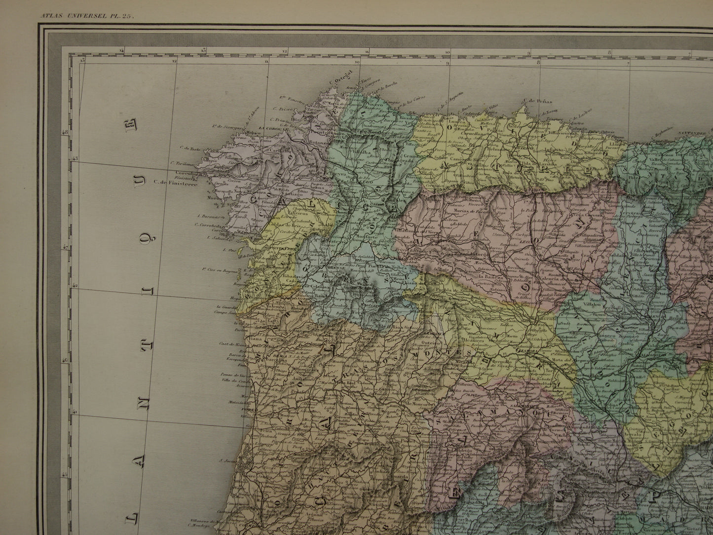 Spanje en Portugal Grote oude landkaart uit 1880 Mooie handgekleurde Franse antieke kaart