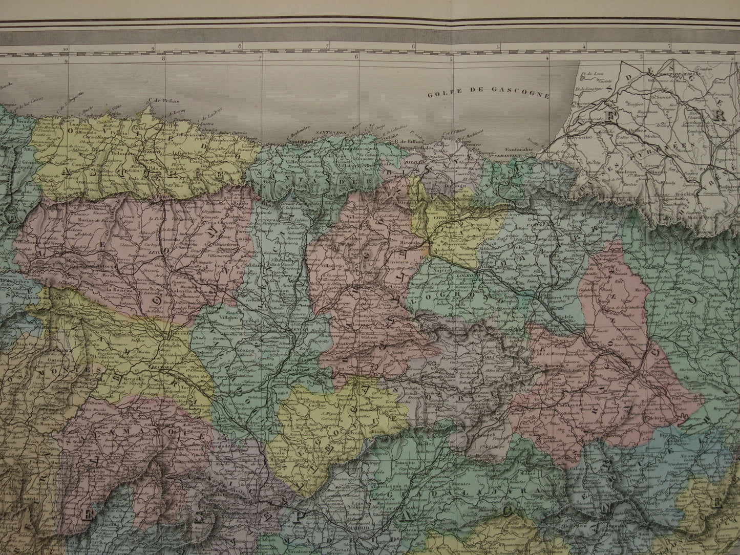 Spanje en Portugal Grote oude landkaart uit 1880 Mooie handgekleurde Franse antieke kaart