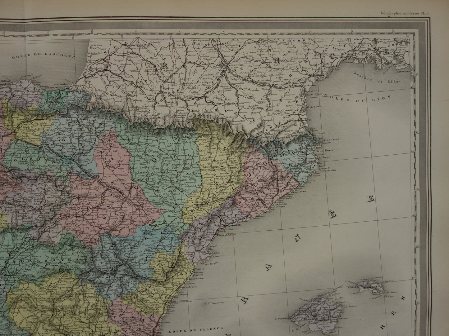 Spanje en Portugal Grote oude landkaart uit 1880 Mooie handgekleurde Franse antieke kaart